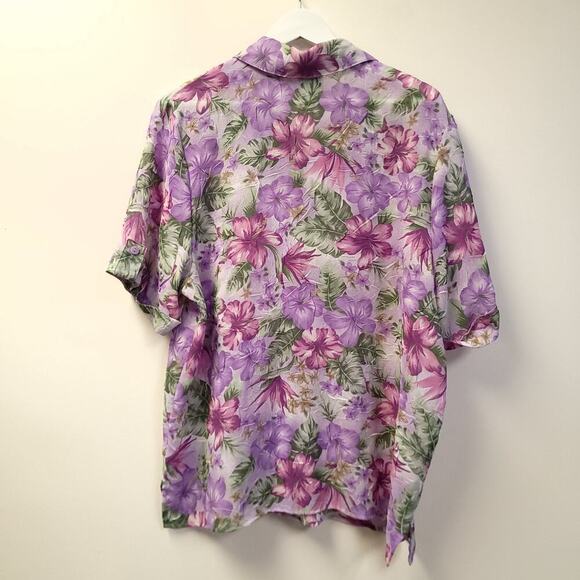 Bonworth Button Down Shirt Size M Purple Blouse Short Sleeve Hibiscus Hawaiian - Picture 5 of 6